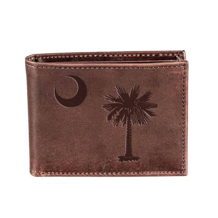Evergreen Bi-Fold Wallet, Brown, 100% Genuine Leather, South Carolina State Flag Logo