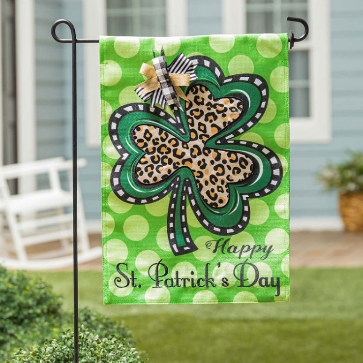 Evergreen Animal Print Shamrock Burlap Garden Flag