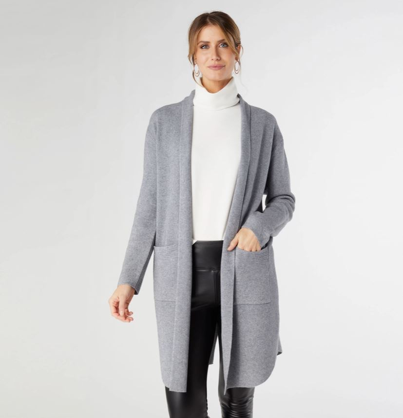 Coco & Carmen Heavenly-Luxe Long Cardigan with Lattice Back - Mid Heather Grey