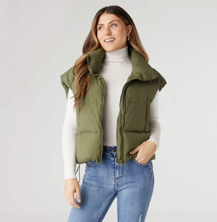 Coco & Carmen Jana Chunky Down Vest with Cinched Bottom, Olive