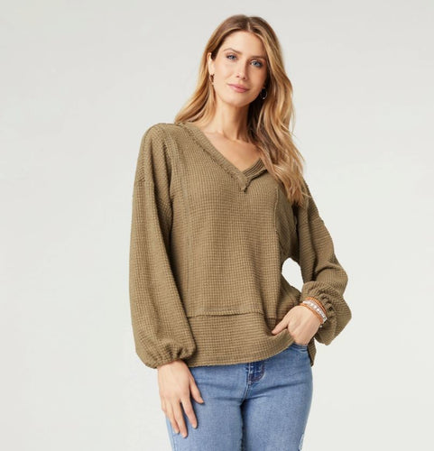 Coco & Carmen Monroe V-Neck Soft Waffle Top - Olive Night