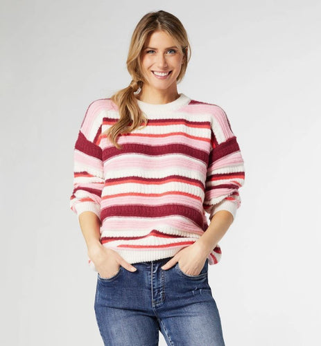 Coco & Carmen Paloma Textured Stripe Crew Neck Sweater - Pink Stripes