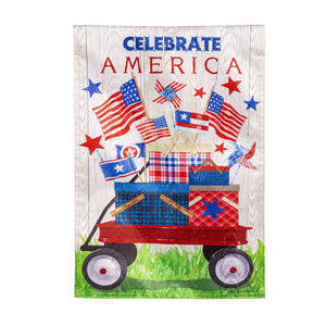 Evergreen Vintage Patriotic Wagon Moire Garden Flag