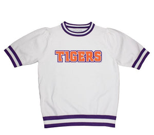 CAPRI DESIGNS CLEMSON UNIVERSITY SEQUIN VARSITY SHORT SLEEVE SWEATER WITH STRIPED NECKLINE CUFF AND WAISTBAND