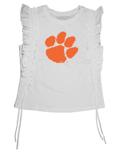 CAPRI DESIGNS CLEMSON UNIVERSITY SEQUIN VARSITY RUFFLE SHORT SLEEVE WITH SIDE RUCHING