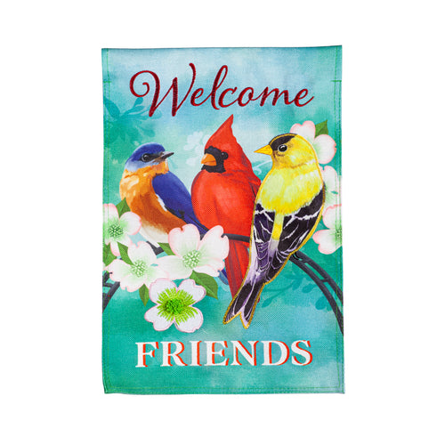 EVERGREEN WELCOME FRIENDS BURLAP GARDEN FLAG