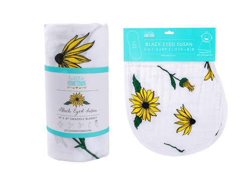 Gift Set: Black Eyed Susan Muslin Swaddle Baby Blanket and Burp Cloth/Bib Combo