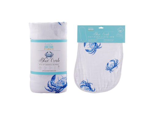 Gift Set: Blue Crab Baby Muslin Swaddle Blanket and Burp Cloth/Bib Combo