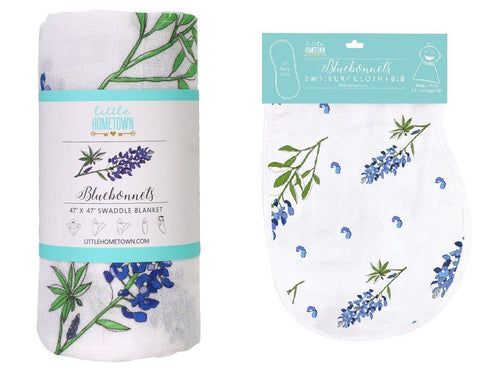 Gift Set: Bluebonnets Baby Muslin Swaddle Blanket and Burp Cloth/Bib Combo