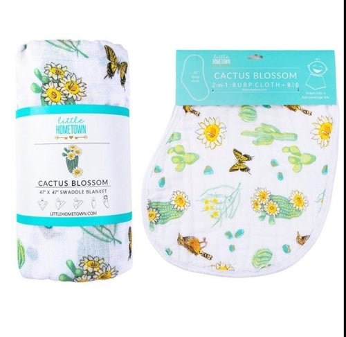 Gift Set: Cactus Blossom Baby Muslin Swaddle Blanket and Burp/Bib Combo