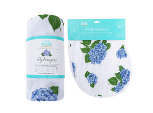 Gift Set: Hydrangeas Baby Muslin Swaddle Blanket and Burp Cloth/Bib Combo