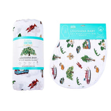 Load image into Gallery viewer, Gift Set: Louisiana Baby Muslin Swaddle Blanket and Burp Cloth/Bib Combo