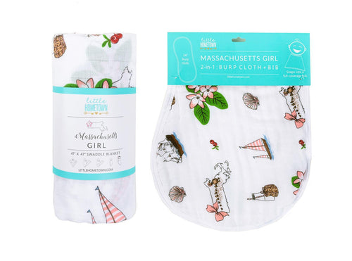 Gift Set: Massachusetts Floral Baby Muslin Swaddle Blanket and Burp Cloth/Bib Combo