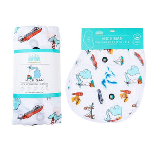 Gift Set: Michigan Baby Muslin Swaddle Blanket and Burp Cloth/Bib Combo