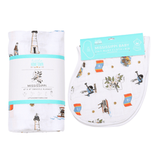 Load image into Gallery viewer, Gift Set: Mississippi Muslin Swaddle Baby Blanket and Burp Cloth/Bib Combo