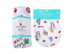 Gift Set: New York Baby Boy Muslin Swaddle Blanket and Burp Cloth/Bib Combo