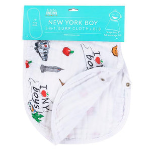 Gift Set: New York Baby Boy Muslin Swaddle Blanket and Burp Cloth/Bib Combo