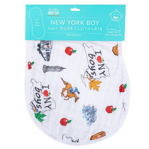 Gift Set: New York Baby Boy Muslin Swaddle Blanket and Burp Cloth/Bib Combo