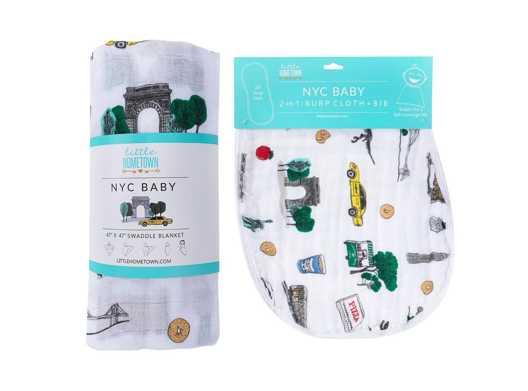 Gift Set: New York City Baby Muslin Swaddle Blanket and Burp Cloth/Bib Combo