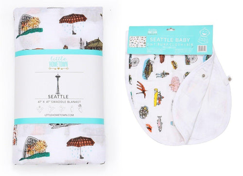 Gift Set: Seattle Baby Muslin Swaddle Blanket and Burp Cloth/Bib Combo