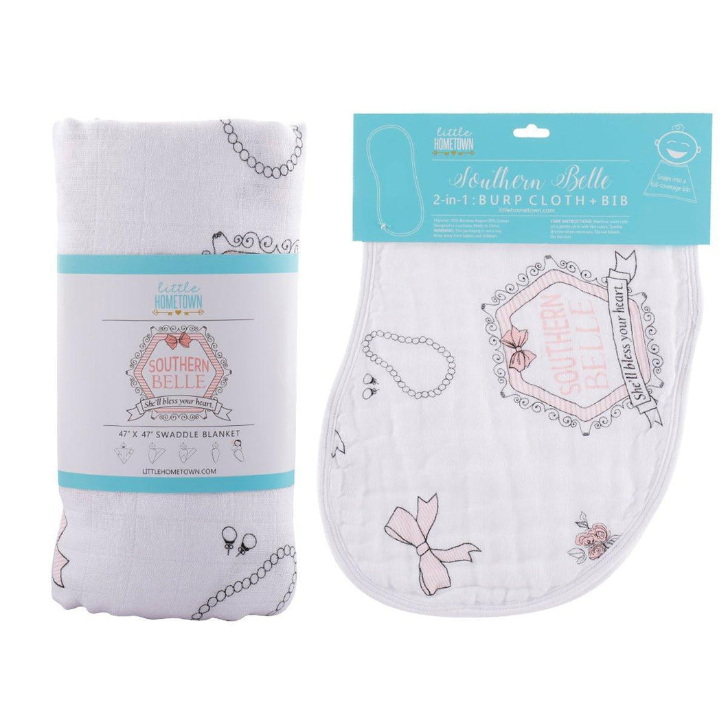 Gift Set: Southern Belle Baby Muslin Swaddle Blanket and Burp Cloth/Bib Combo