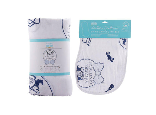 Gift Set: Southern Gentleman Baby Muslin Swaddle Blanket and Burp Cloth/Bib Combo