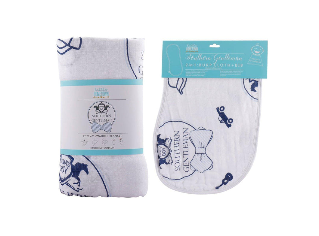 Gift Set: Southern Gentleman Baby Muslin Swaddle Blanket and Burp Cloth/Bib Combo