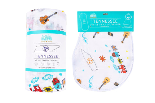 Gift Set: Tennessee Baby Muslin Swaddle Blanket and Burp Cloth/Bib Combo