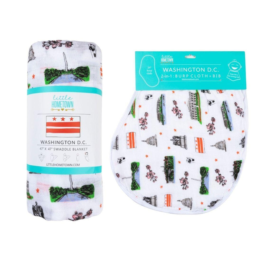 Gift Set: Washington D.C. Baby Muslin Swaddle Blanket and Burp Cloth/Bib Combo