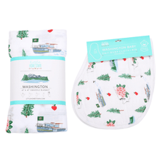 Load image into Gallery viewer, Gift Set: Washington (State) Baby Muslin Swaddle Blanket and Burp Cloth/Bib Combo