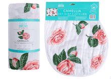 Load image into Gallery viewer, GiftSet: Camelia Baby Muslin Swaddle Blanket and Burp Cloth/Bib Combo