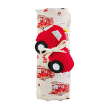 Load image into Gallery viewer, MUD PIE FIRE TRUCK SWADDLE &amp; RATTLE SET