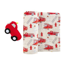 Load image into Gallery viewer, MUD PIE FIRE TRUCK SWADDLE &amp; RATTLE SET