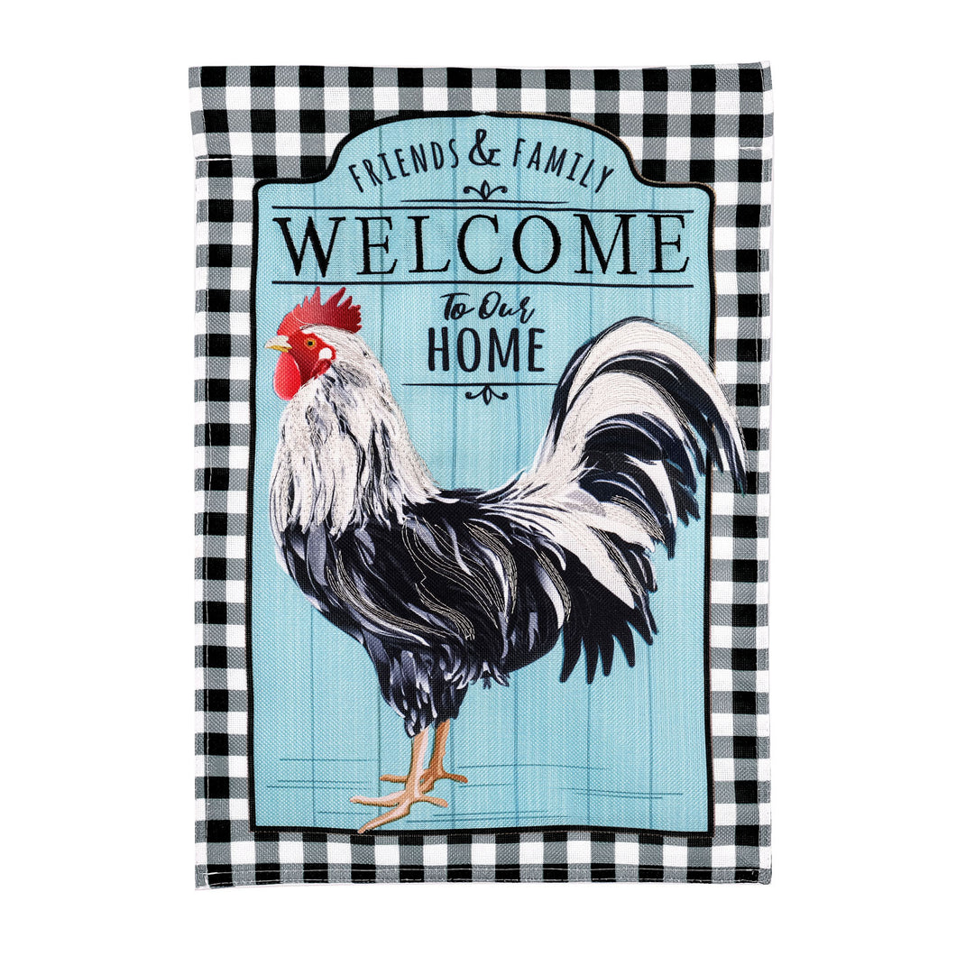 EVERGREEN BLACK AND WHITE ROOSTER GARDEN BURLAP FLAG