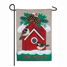Load image into Gallery viewer, Evergreen Holiday Chickadee Birdhouse Burlap Garden Flag