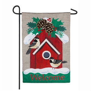Evergreen Holiday Chickadee Birdhouse Burlap Garden Flag