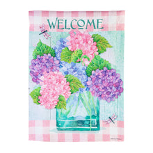 Load image into Gallery viewer, EVERGREEN WELCOME HYDRANGEAS GARDEN TEXTURED SUEDE FLAG