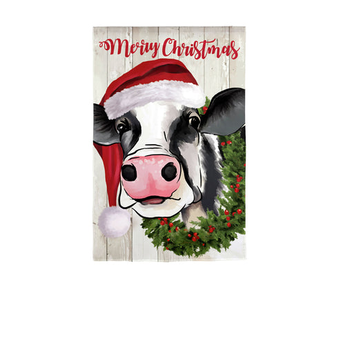 EVERGREEN CHRISTMAS COW GARDEN LINEN FLAG