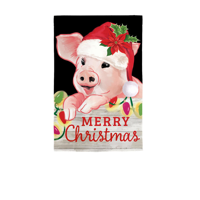 EVERGREEN CHRISTMAS PIG GARDEN LINEN FLAG