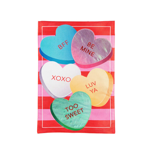 EVERGREEN CANDY HEARTS AND STRIPED GARDEN LINEN FLAG