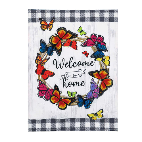 EVERGREEN BUTTERFLY WELCOME WREATH GARDEN LINEN FLAG