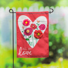 Load image into Gallery viewer, EVERGREEN HEART OF FLOWERS GARDEN LINEN FLAG