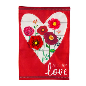 EVERGREEN HEART OF FLOWERS GARDEN LINEN FLAG