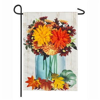 Evergreen Fall Mums Floral Mason Jar Linen Garden Flag