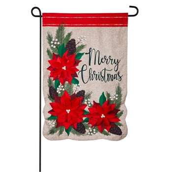 Evergreen Christmas Poinsettia Floral Linen Garden Flag