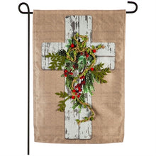 Load image into Gallery viewer, Evergreen Woodgrain Cross Linen Garden Flag