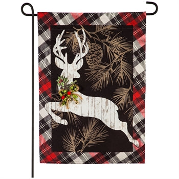 Evergreen Woodgrain Reindeer Linen Garden Flag