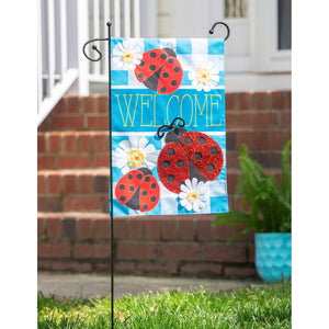 EVERGREEN LADYBUG PLAID WELCOME GARDEN LINEN FLAG