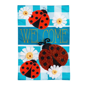 EVERGREEN LADYBUG PLAID WELCOME GARDEN LINEN FLAG