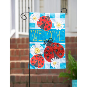 EVERGREEN LADYBUG PLAID WELCOME GARDEN LINEN FLAG